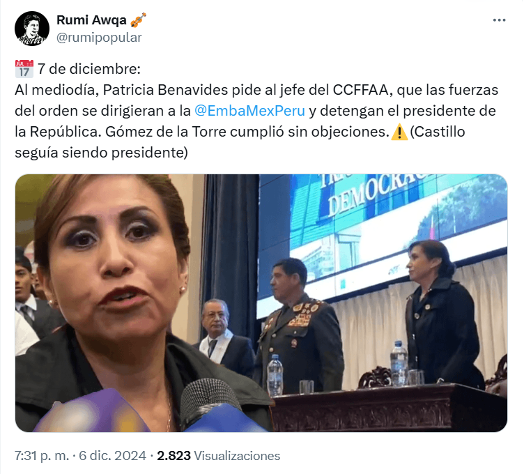 rumiawqa's tweet photo. El Presidente de la República fue detenido por "orden superior". ¿Quién tenía ese PODER de ORDEN SUPERIOR?
#CastilloLibertad https://t.co/4tUxSBPsg2