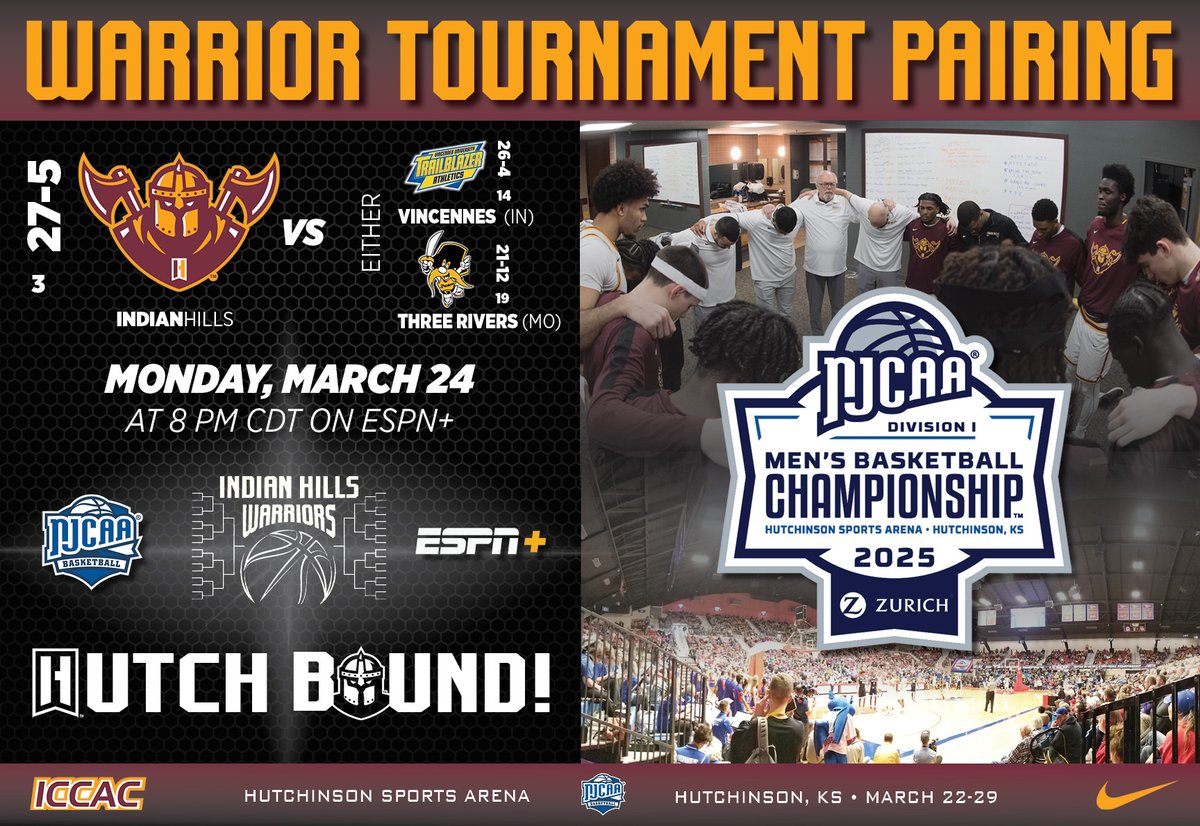 WARRIORS NAB THREE SEED – The <a href="/NJCAABasketball/">NJCAA Basketball</a> Men’s Committee has spoken, and <a href="/ihccbasketball/">Indian Hills Basketball</a> will be the three-seed in the 24-team field at next week’s Division I Basketball Championship in Hutchinson, KS. The Warriors (27-5) received a first-round bye and will play at 8 p.m.