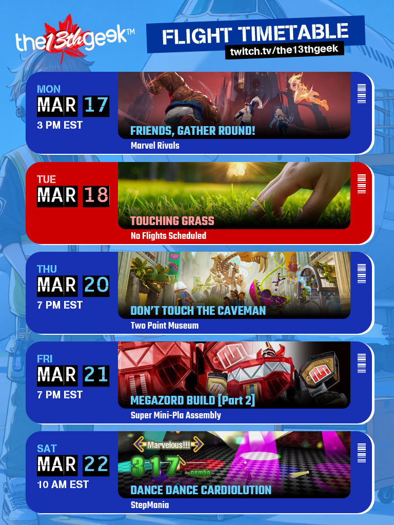 ✨ Schedule Drop!

We're back! I think?

We're starting off with some #MarvelRivals (don't forget to collect your drops!), #TwoPointMuseum and #DDR cardio streams! We'll pick up where we left off in our #Megazord build as well!