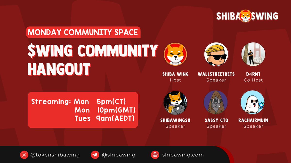 Set your reminders for the $WING community hangout.
Speakers list:
<a href="/D4RNT_/">D4RNT</a> <a href="/wallstreetbets/">WallStreetBets</a> @ShibaWingsX <a href="/Sassycto/">Sassy</a> <a href="/rachairmuin/">🍣rach</a>
x.com/i/spaces/1PlKQ…
