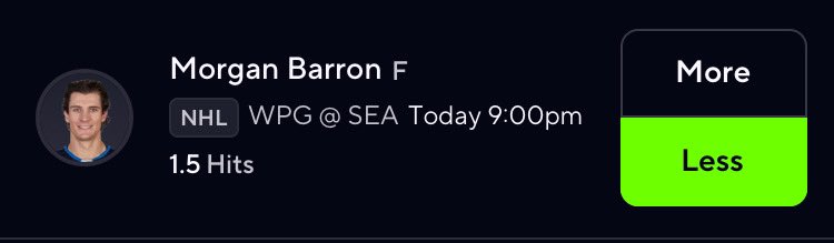 RiskTakerFoo's tweet photo. NHL POTD 🏒⛸️

• Morgan Barron (U) 1.5 HITS 💣💣 https://t.co/fRWQjXJMEF