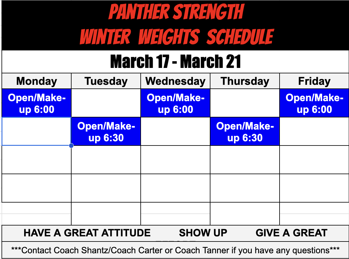 Welcome back! Start of Spring sports are here. This week schedule. AE make up can be done on any day.