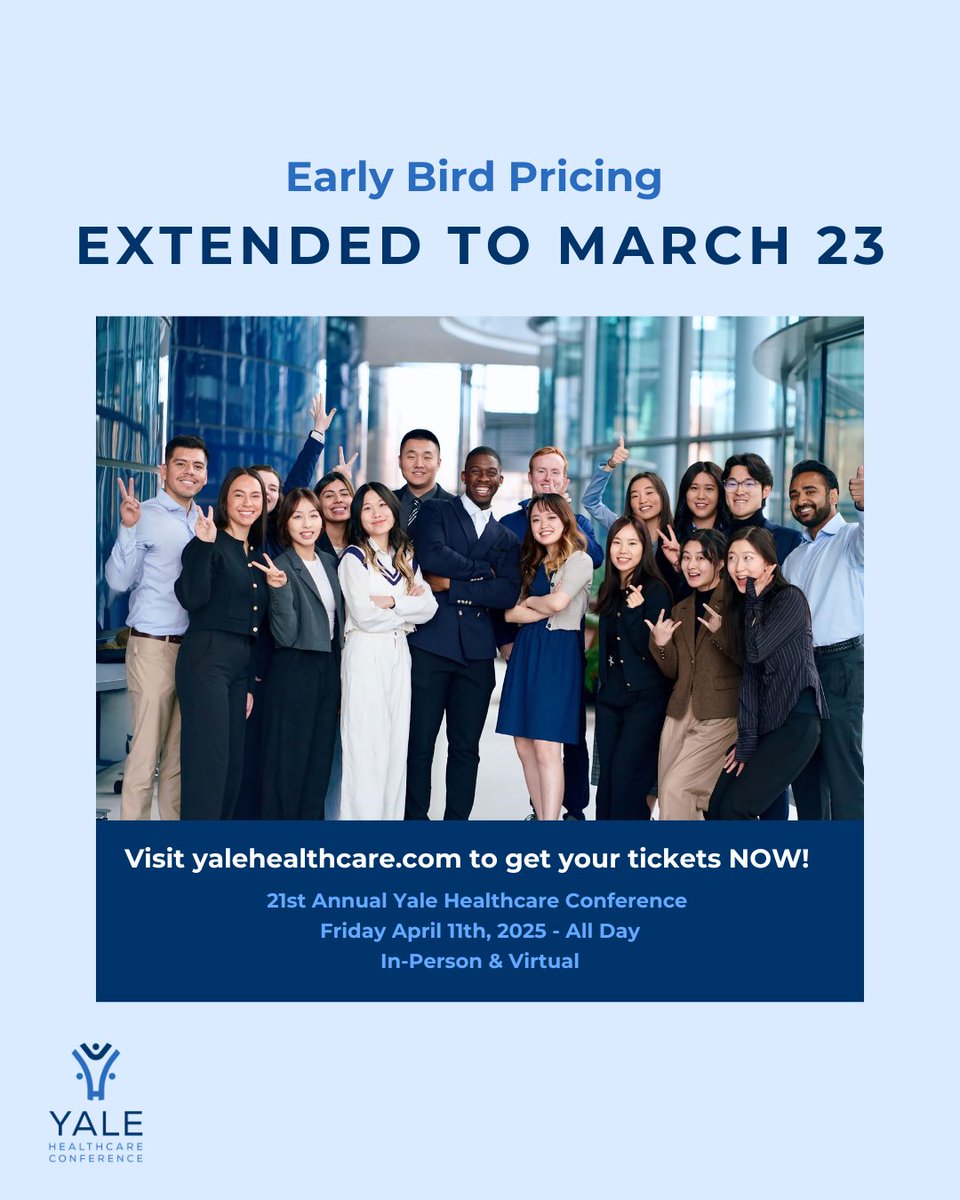 Yale Healthcare Conference (@yalehc) on Twitter photo 🚨 EARLY BIRD pricing extended through March 23rd—don’t miss your chance to get discounted tickets! 🎟️ Join us Friday, April 11th for a day of dynamic discussions, networking, and insights into AI’s transformative role in healthcare! 🔗 Register now: ereg.som.yale.edu/Yale-Healthcar… 🚨 EARLY BIRD pricing extended through March 23rd—don’t miss your chance to get discounted tickets! 🎟️ Join us Friday, April 11th for a day of dynamic discussions, networking, and insights into AI’s transformative role in healthcare! 🔗 Register now: ereg.som.yale.edu/Yale-Healthcar…