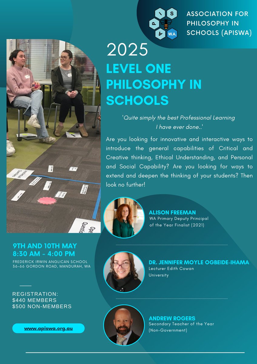 APISinc's tweet image. We are delighted to offer our Level 1 Philosophy in Schools training on 9th and 10th of May at Frederick Irwin Anglican School. Come and learn how to develop Philosophical Inquiry &amp;amp; thinking skills. Limited spaces are available so book quickly! apiswa.org.au/workshops #p4c