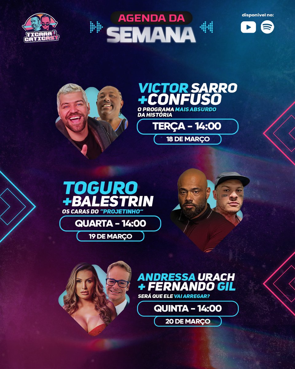ticaracaticast's tweet photo. 🚨 É AGENDA DO #TICARACATICAST PASSANDO NA SUA TL 🚨
Essa semana é do caos e aleatoriedades 😂
Curtiu?😎
Comenta aqui seu dia favorito 👇
#Bola #Carioca #Ticaracaticast #Podcast #Confuso #VictorSarro #Toguro #Balestrin #AndressaUrach #FernandoGil https://t.co/EMl5uWRYjz