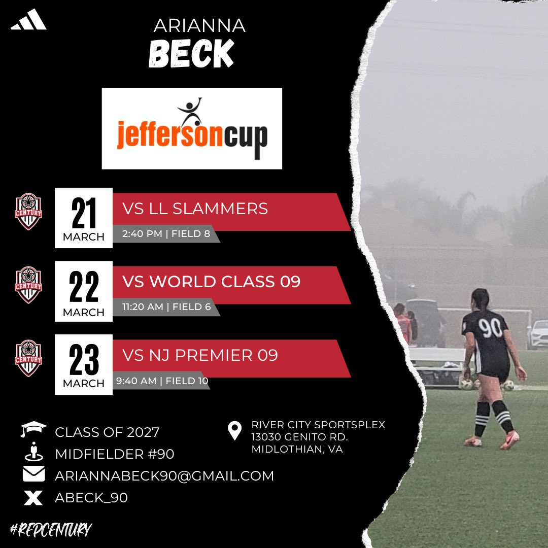 Arianna Beck (@abeck_90) on Twitter photo Heading to Jeff Cup this weekend!! Can’t wait to compete with my <a href="/Century09GA/">Century 09 Girls Academy</a> team!! See my schedule below and come stop by!!
<a href="/PrepSoccer/">Prep Soccer ⚽️</a>
<a href="/ImYouthSoccer/">ECNL/GA/Recruiting/College Soccer</a>
<a href="/ImCollegeSoccer/">College Soccer Truth ™</a>
<a href="/GAcademyLeague/">Girls Academy</a>
<a href="/Century_Utd/">Century United</a>
<a href="/TheSoccerWire/">SoccerWire</a>
<a href="/TopDrawerSoccer/">TopDrawerSoccer</a>
<a href="/pghsoccernow/">Pittsburgh Soccer Now</a> Heading to Jeff Cup this weekend!! Can’t wait to compete with my <a href="/Century09GA/">Century 09 Girls Academy</a> team!! See my schedule below and come stop by!!
<a href="/PrepSoccer/">Prep Soccer ⚽️</a>
<a href="/ImYouthSoccer/">ECNL/GA/Recruiting/College Soccer</a>
<a href="/ImCollegeSoccer/">College Soccer Truth ™</a>
<a href="/GAcademyLeague/">Girls Academy</a>
<a href="/Century_Utd/">Century United</a>
<a href="/TheSoccerWire/">SoccerWire</a>
<a href="/TopDrawerSoccer/">TopDrawerSoccer</a>
<a href="/pghsoccernow/">Pittsburgh Soccer Now</a>