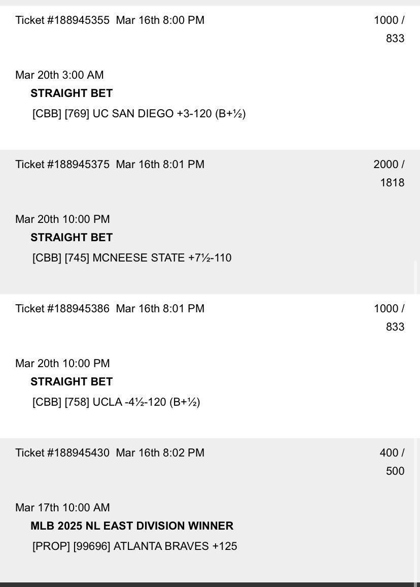 DimeBetStack's tweet photo. 🏀#marchmadness:
*McNeese +7.5
*UCSD +3 -120
*UCLA -4.5 -120

⚾️#MLB: ATL to win NL East +125 https://t.co/aCeFQbOLhI