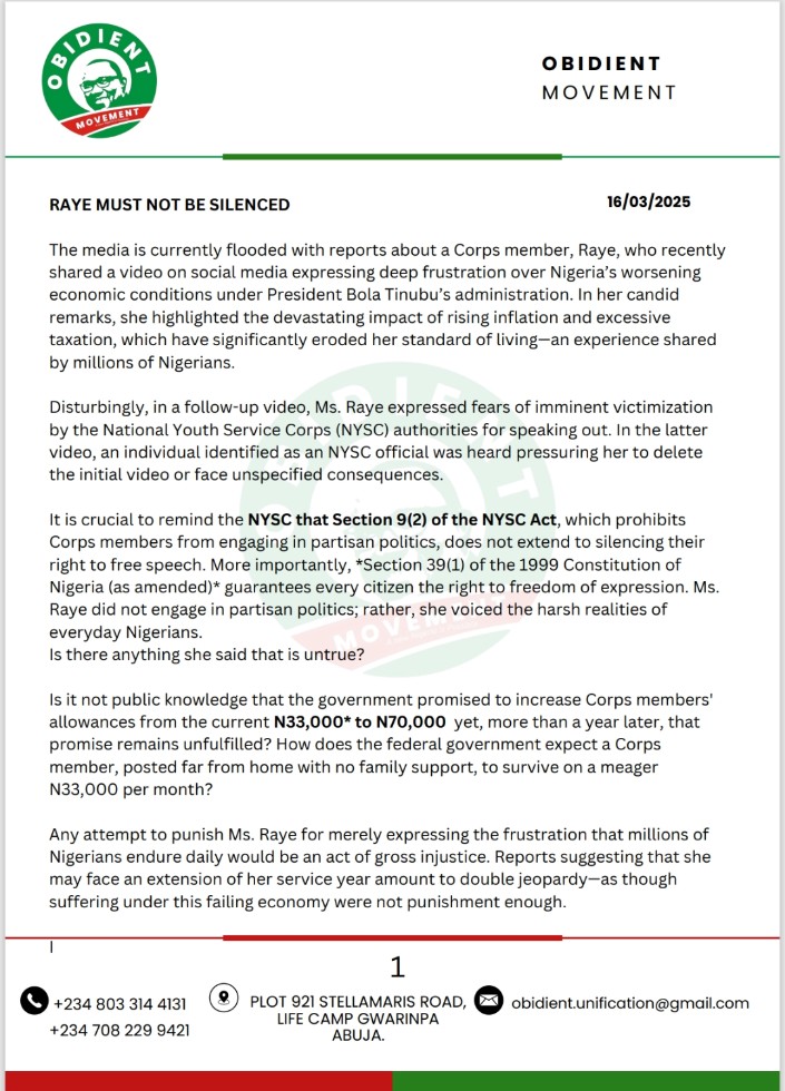 NanaKazaure's tweet photo. Raye must not be silenced. 
Official Statement by the Obidient Movement. https://t.co/1CMKFarH4c