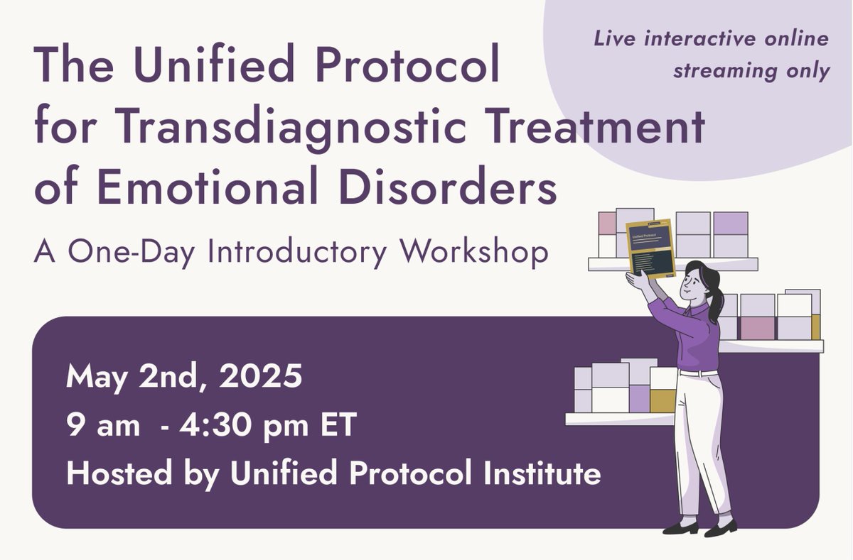 📢Announcing our next introductory workshop on the Unified Protocol!📢

Join us on Friday, May 2nd from 9-4:30PM EST to learn how one evidence-based CBT approach can be applied to the full range of emotional disorders. 

Friday, May 2nd from 9-4:30PM ET

unifiedprotocol.com/event/the-unif…