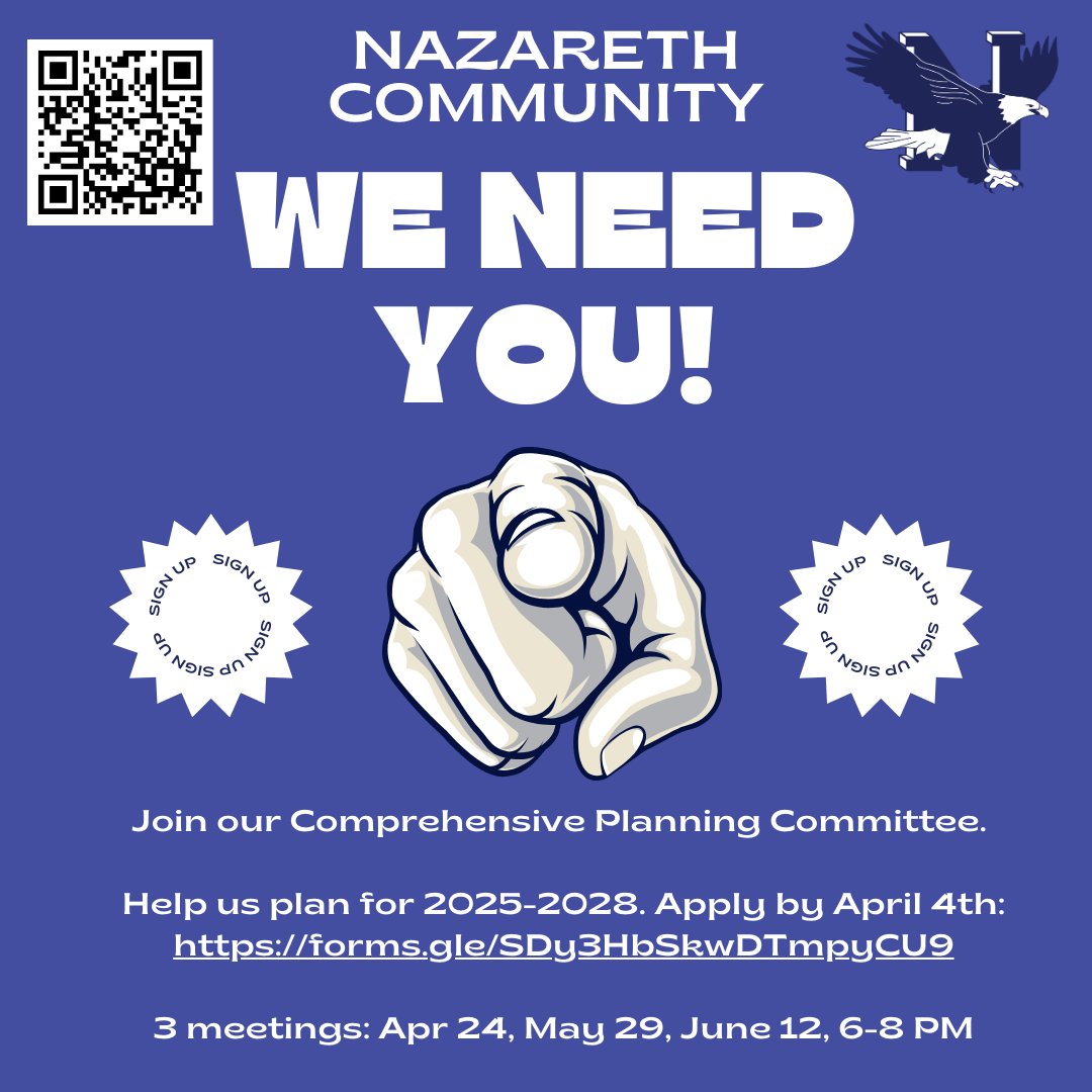 Nazareth Community! ​​We need YOU! Join our Comprehensive Planning Committee. Help us plan for 2025-2028. 

Apply by April 4th: forms.gle/SDy3HbSkwDTmpy…

3 meetings: Apr 24, May 29, June 12, 6-8 PM
