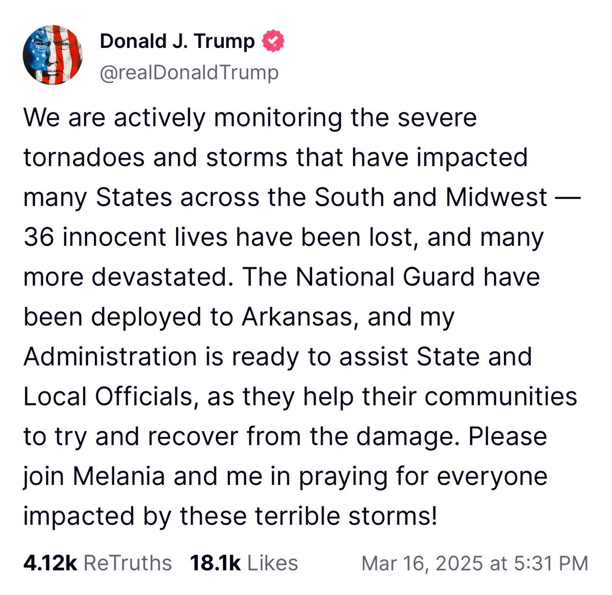 Trump says his administration is “actively monitoring the severe tornadoes and storms” that have already hit multiple states.

These storms need to be monitored beforehand. Trump’s DOGE cut NOAA. People are now dead.