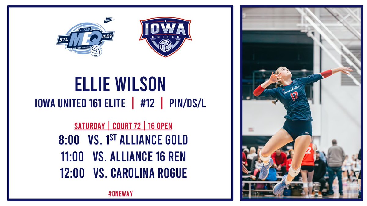 Ellie Wilson (@elliewilson_12) on Twitter photo MEQ Saturday Schedule Below! Our <a href="/IowaUnitedVB/">Iowa United Volleyball</a> 161 Elite team will be playing in 16 Open fresh off of our Iowa Regionals Championship! #OneWay MEQ Saturday Schedule Below! Our <a href="/IowaUnitedVB/">Iowa United Volleyball</a> 161 Elite team will be playing in 16 Open fresh off of our Iowa Regionals Championship! #OneWay