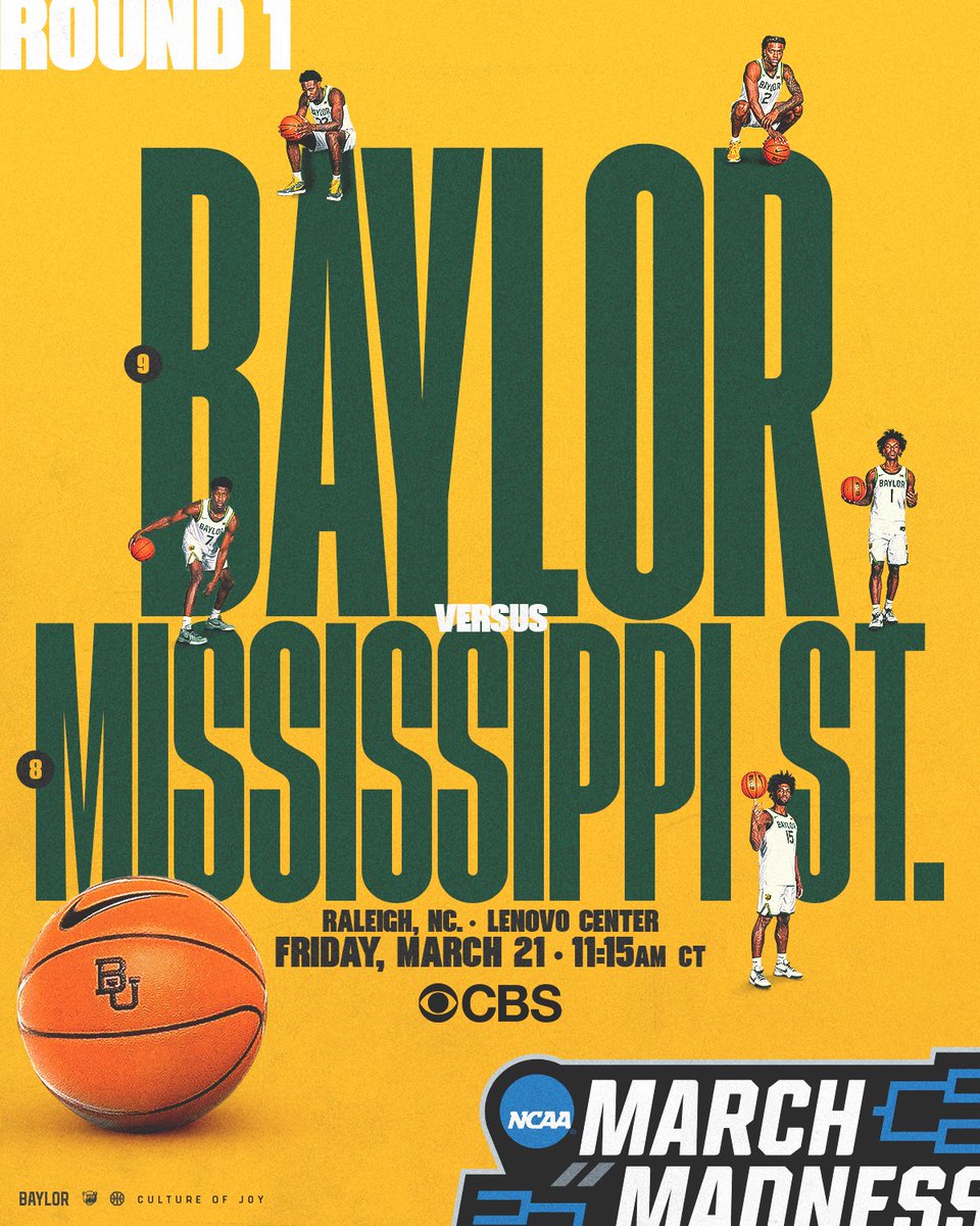 BaylorMBB's tweet photo. First round in Raleigh 🔜
 
🆚 (8) Mississippi State
🗓️ Friday, March 21
⏰ 12:15 ET/11:15 CT
📺 CBS

#SicEm | #CultureofJOY https://t.co/msKu6xfhAD