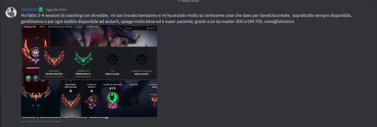 Per chi non lo sapesse faccio coaching e uno dei miei studenti ha appena raggiunto i 700 LP partendo da 300 dopo 3-4 sessioni, per info potete aggiungermi su discord: shredderrr