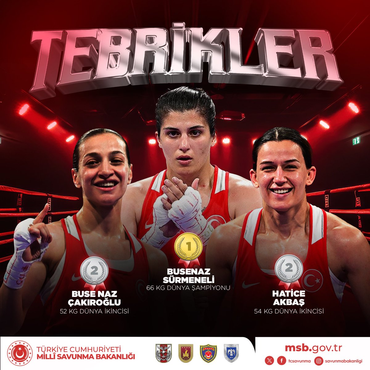 🥇Sırbistan’da düzenlenen 2025 Kadınlar Dünya Boks Şampiyonası’nda Busenaz Sürmeneli, 66 kiloda altın madalya kazanarak üst üste üçüncü kez Dünya Şampiyonu oldu. 

🥈52 kiloda Buse Naz Çakıroğlu ve 54 kiloda Hatice Akbaş ise gümüş madalya kazandı. 

🥊Sporcularımızı kutluyor,