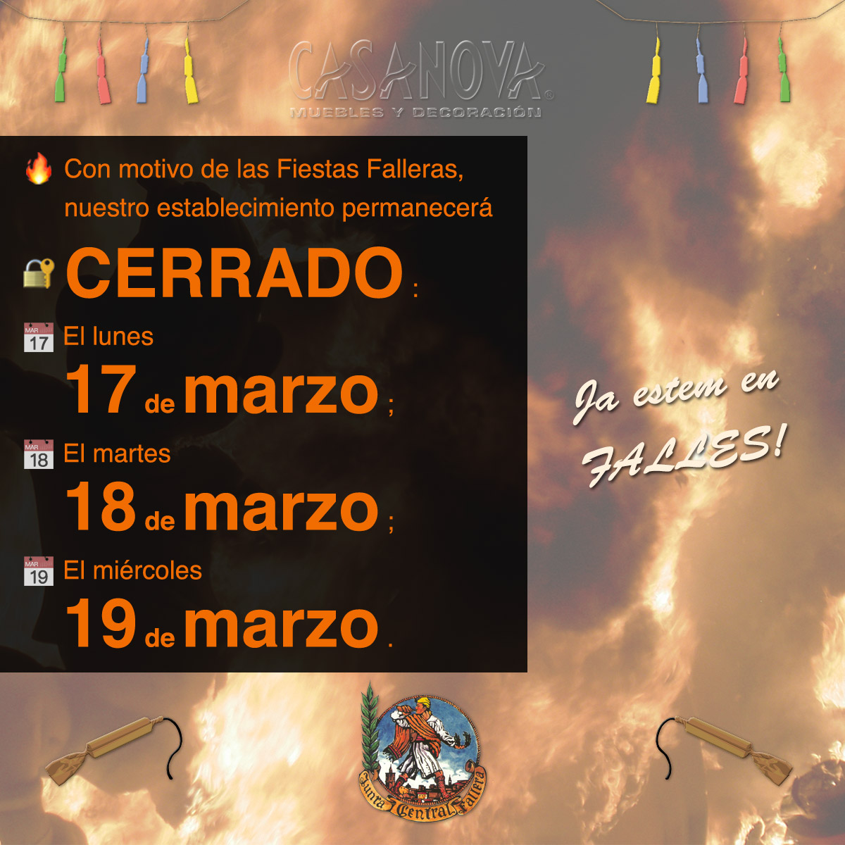 mueblescasanova's tweet photo. ⚠️ Con motivo de las Fiestas de #Fallas, recuerda que... 🧨

📅 El lunes 17, el martes 18 y el miércoles 19 de #marzo, tu tienda de #MueblesDeVerdad estará cerrada. 🔒

💥 Ja estem en #Falles! #BonesFestes! Visca les #Falles2025! 🔥

👉🏼 https://t.co/82TWi6k5XJ

🧡 🧨 💥 🔥 🍻 🥘 https://t.co/OfeuHWpwDc