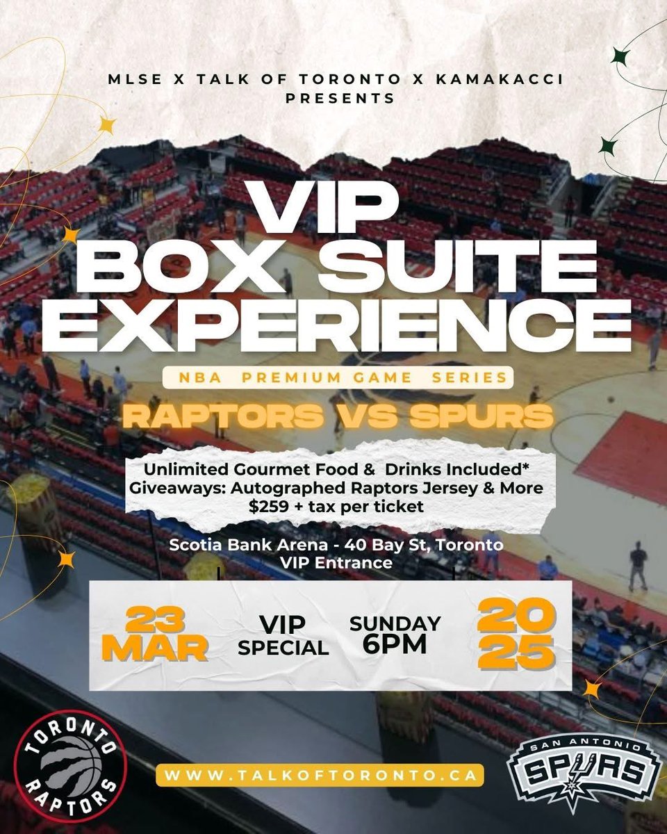 KamakacciJuice's tweet image. 🚨 VIP Box Suite Experience: Raptors vs. Spurs! 🏀🔥

Get ready for the ULTIMATE game night! MLSE &amp;amp; Talk of Toronto are bringing you an exclusive VIP Box Suite Experience at Scotiabank Arena on Sunday, March 23, 2025!

🎟️ $259 + tax per ticket
#RaptorsFans #BasketballExperience