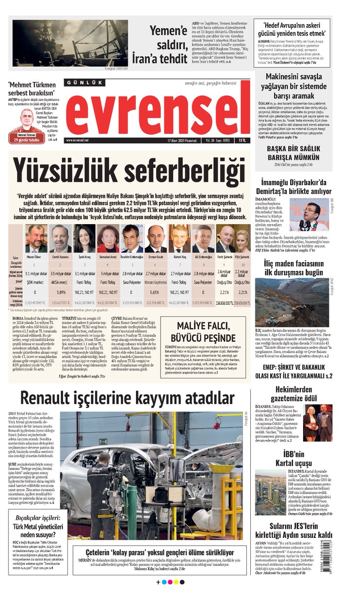 🗞️ Yüzsüzlük seferberliği

Bütçede sermayeden alınacak 2,2 trilyon TL vergi gelirinden vazgeçen iktidar, trilyonlarca liralık gelir elde eden 100 şirketin, 62,5 milyar liralık vergisini erteledi

📌 Evrensel yarın bayilerde