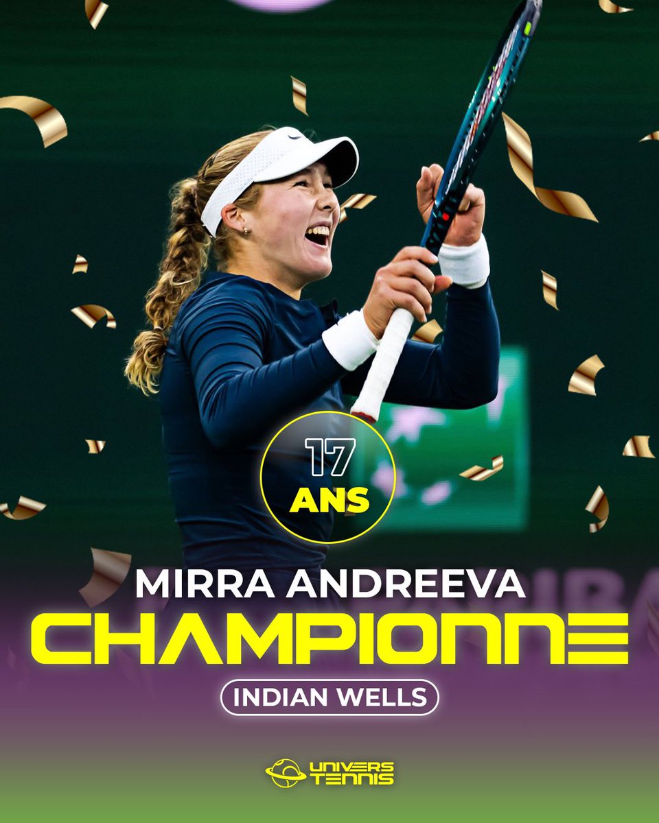 UniversTennis's tweet photo. ANDREEVA REINE À INDIAN WELLS 👑

Mirra Andreeva s’offre la n°1 mondiale Aryna Sabalenka en finale (2-6, 6-4, 6-3) et décroche son deuxième titre consécutif en WTA 1000. 🤯

À 17 ans, elle devient la plus jeune championne à Indian Wells au 21e siècle. 💎 https://t.co/GXFtCJVql2