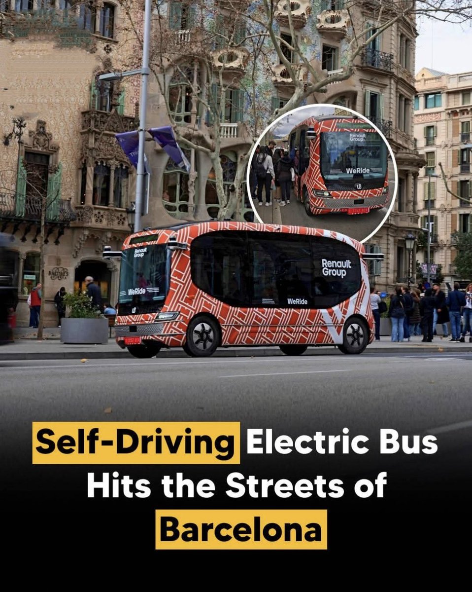 krishsah135799's tweet image. Renault tests a driverless electric minibus in Barcelona, offering free rides. It runs a 2.2-km route with four stops, using 10 cameras and 8 lidars. The goal: Level 4 autonomous public transport in Europe.

#AutonomousBus #Renault #Barcelona #TechNews
