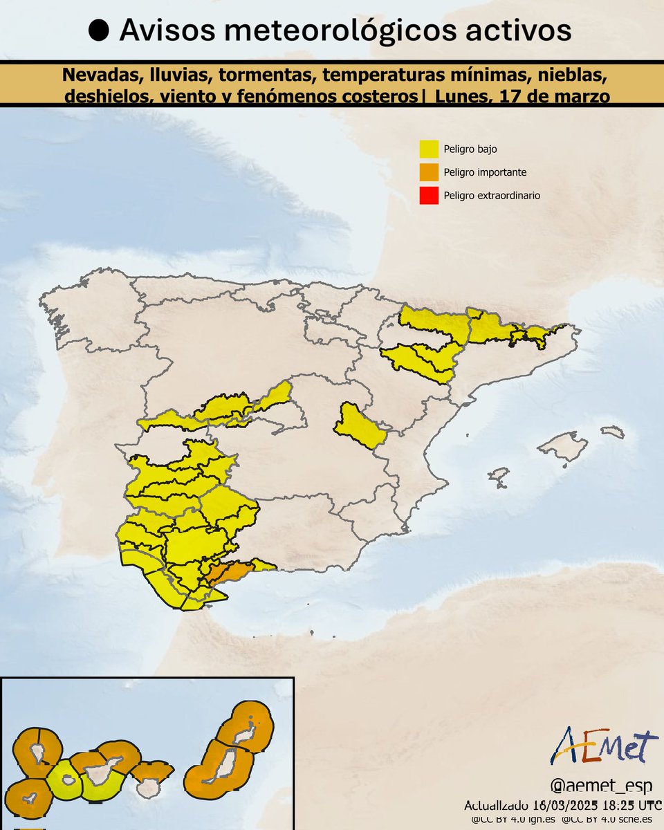 ℹ️ Actualizamos avisos meteorológicos para el 17 de marzo por la borrasca Laurence.

🟠 Naranja (peligro importante) por lluvias en Málaga y por fuerte oleaje en Canarias. 

🟡 Amarillos por nevadas, lluvias, tormentas, temperaturas mínimas, nieblas, deshielos, viento y oleaje.