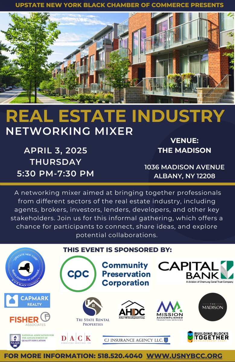 TriStateRentals's tweet photo. Our Capital Region office in downtown Albany, New York is one of the sponsors for the Upstate New York Black Chamber of Commerce's Real Estate Mixer. 

Feel free to stop by on April 3, 2025 between 5:30pm - 7:30pm on Thursday, April 3, 2025.  The venue is at the Madison, located at 1036 Madison Ave, Albany, NY 12208.  We hope to see you there!

#AlbanyRealEstate, #UpstateNYBCC, #NetworkingEvent, #CapitalRegion, #BlackChamberofCommerce, #AlbanyNY, #RealEstateMixer, #AlbanyNetworking, #NYCapitalRegion, #AlbanyEvents, #RealEstate, #Nertworking, #Community