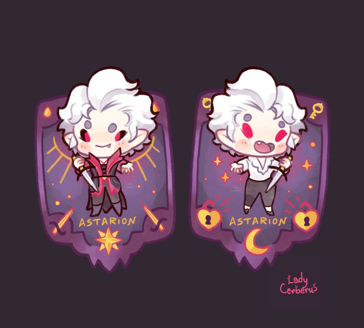 Lady_Cerberus's tweet image. A few weeks ago, I saw the foil effect on keychains, and I couldn't resist making a design with Astarion. I wanted something really special for him 😚, and I think the golden effect would look amazing on the card symbolism. Ascended and sweet #astarion