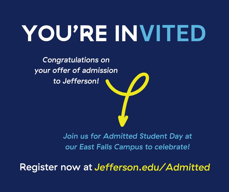 JeffAdmissions's tweet photo. Admitted Student Day is this Saturday, March 22! Our faculty, staff & current students can't wait to welcome you to our East Falls Campus & answer all of your questions about life at Jefferson & next steps to becoming a #FutureRam ๐ Register at https://t.co/UJSfFndEDb https://t.co/KQqijBRude
