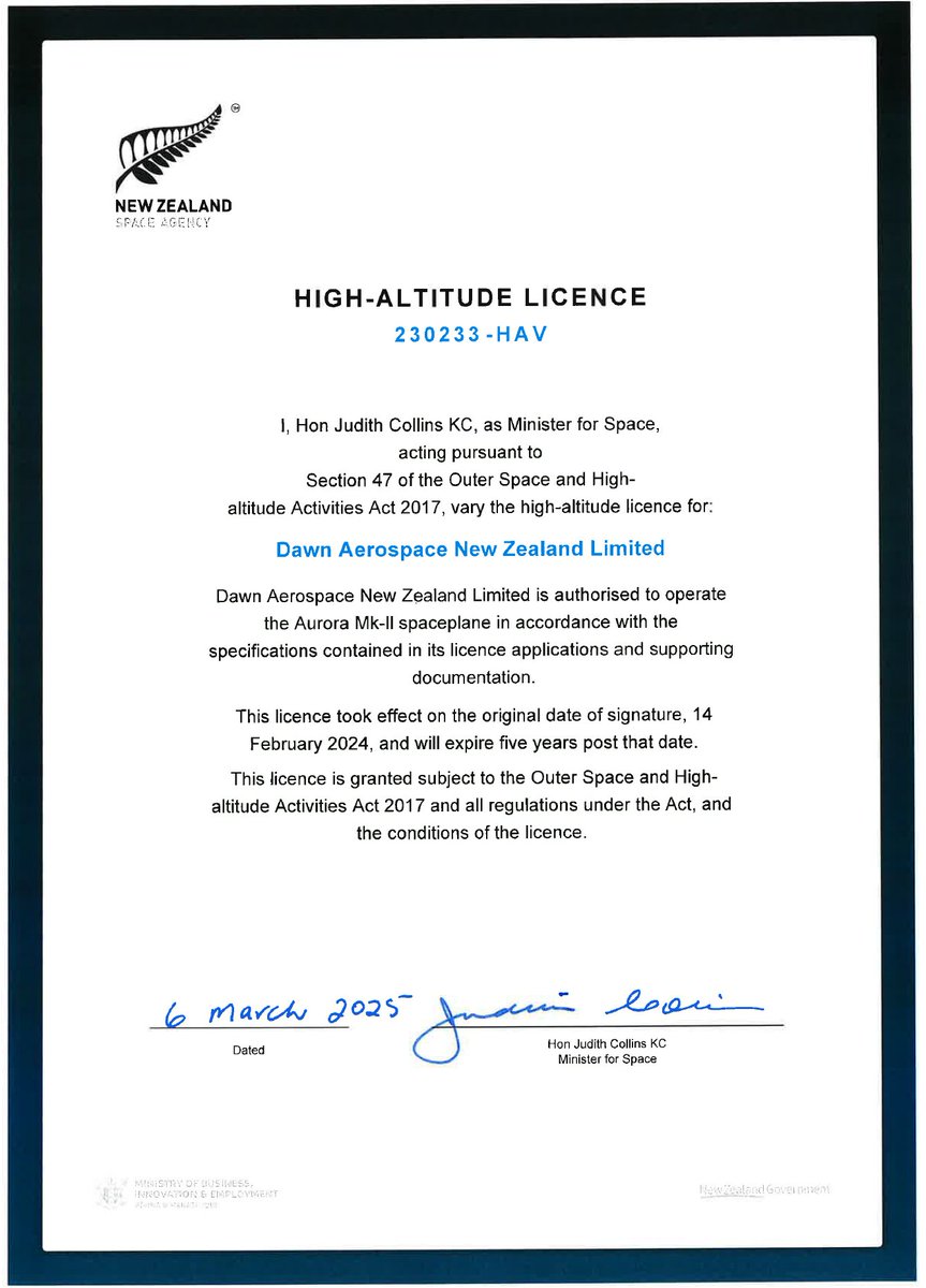 ✍️📄 Our high-altitude licence is now updated, officially permitting payload flights on Aurora!!✈️ This license paves the way for frequent, reliable and cost effective sub-orbital access. 

Big thanks to <a href="/nzspacegovt/">New Zealand Space Agency</a> for their support to make this happen.

#RocketPoweredAircraft