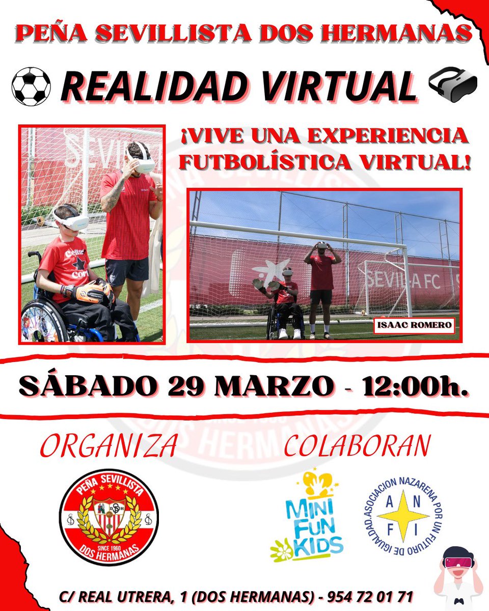 PeñaSevillistaDH (@psdoshermanas) on Twitter photo 🔴 PEÑA SEVILLISTA DOS HERMANAS & MINIFUNKIDS ⚪️
🤝🏼 La <a href="/psdoshermanas/">PeñaSevillistaDH</a> se alegra de anunciar que, el próximo sábado 29 de marzo y a partir de las 12:00h, organizará un evento de realidad virtual con la colaboración de <a href="/minifunkids/">MiniFunKids</a> y la asistencia de Anfi Dos Hermanas. 🔴 PEÑA SEVILLISTA DOS HERMANAS & MINIFUNKIDS ⚪️
🤝🏼 La <a href="/psdoshermanas/">PeñaSevillistaDH</a> se alegra de anunciar que, el próximo sábado 29 de marzo y a partir de las 12:00h, organizará un evento de realidad virtual con la colaboración de <a href="/minifunkids/">MiniFunKids</a> y la asistencia de Anfi Dos Hermanas.