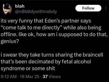 MorguePrty's tweet photo. 💙⚠️
ya'll @/n0b0dywithnobody is incredibly phobic of people along different spectrums of sexualities, xeno pronouns, ect.
they've made an entire account around publicly harassing my bun, their partner had to separate offline
🔊please report and block 🚫
@/n0b0dywithnobody https://t.co/qiaLN5xhKx