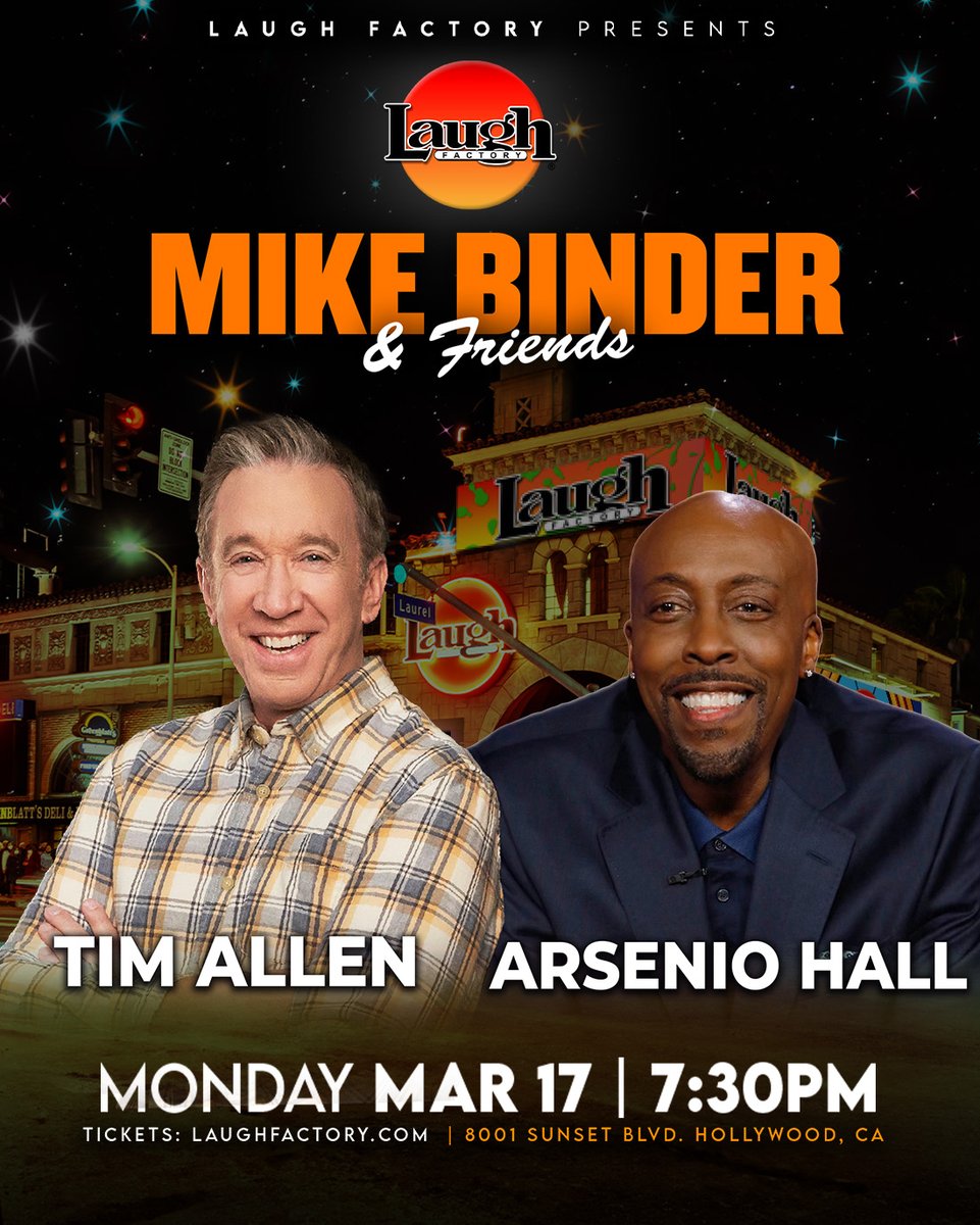 🎤✨. <a href="/ofctimallen/">Tim Allen</a> and @arseniohall - two comedy legends- grace our stage tomorrow! Catch them live on Mike Binder &amp; Friends, Monday at 7:30 PM, for a night of stand-up you don’t want to miss!

🎟️ Tickets won’t last—grab yours now!
Tix: tixr.com/pr/xpost/135319

#laughfactory