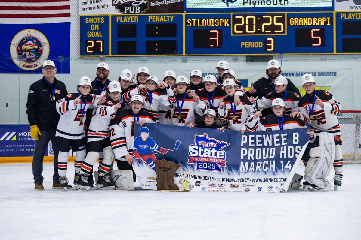 Peewee B - Championship    

FINAL
Grand Rapids Orange > St. Louis Park (5-3)    

GR: Carlson
SLP: Thompson, Budda

SOG: 41-27 (GR)

A push from the Orioles in the third, but Grand Rapids hangs on and are state champions!