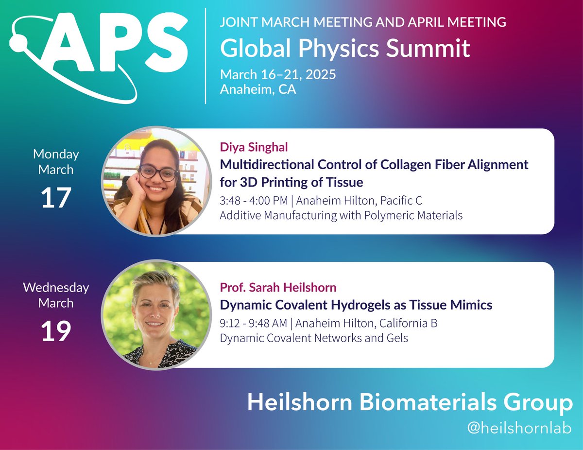 Heilshorn Lab (@heilshornlab) on Twitter photo We’re thrilled to be going to the <a href="/APSphysics/">American Physical Society</a> Global Physics Summit this week in Anaheim! Don’t miss our talks by <a href="/Diya69545/">Diya</a> and <a href="/HeilshornSarah/">Sarah Heilshorn</a> on biomaterials for 3D bioprinting and tissue modeling. #APSSummit25 <a href="/APS_DPOLY/">APS DPOLY</a> We’re thrilled to be going to the <a href="/APSphysics/">American Physical Society</a> Global Physics Summit this week in Anaheim! Don’t miss our talks by <a href="/Diya69545/">Diya</a> and <a href="/HeilshornSarah/">Sarah Heilshorn</a> on biomaterials for 3D bioprinting and tissue modeling. #APSSummit25 <a href="/APS_DPOLY/">APS DPOLY</a>