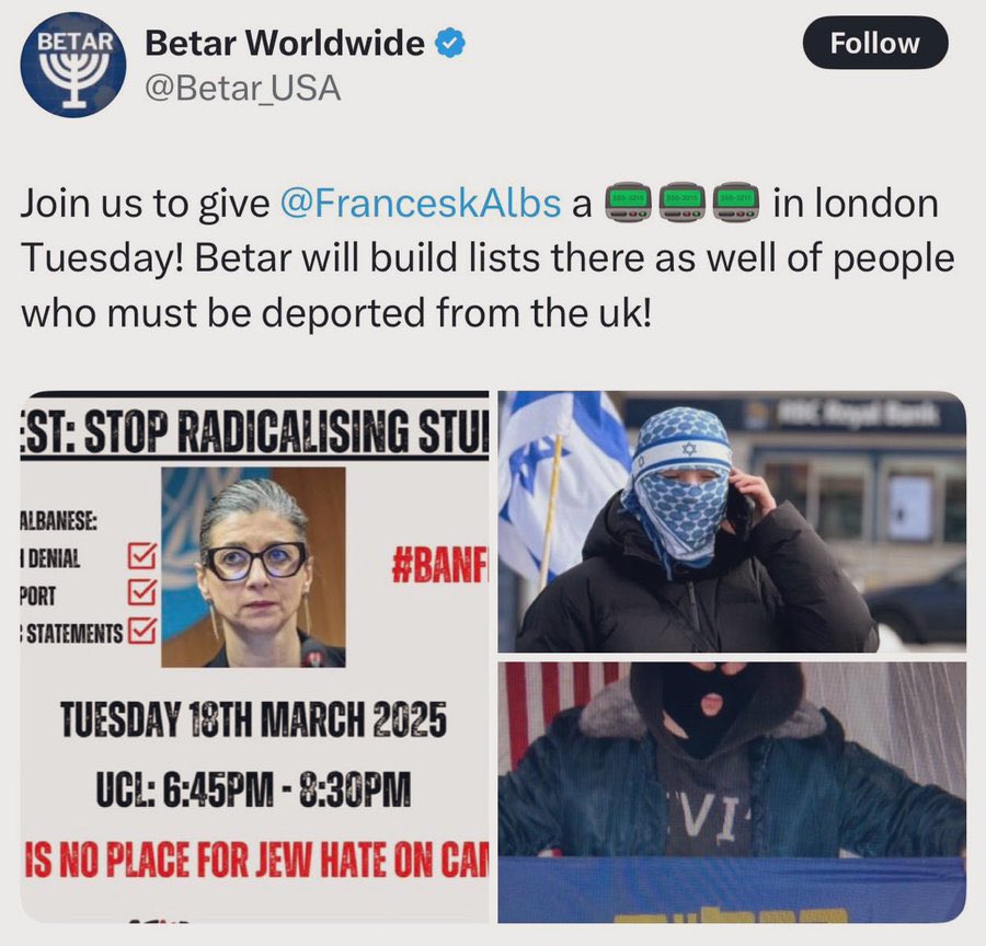 kennardmatt's tweet photo. Zionist group threatening to blow up a UN official when she visits London.

Any other political activists behaving like this would (rightly) get arrested.

Why are Zionists allowed to operate outside the law?

Untenable. https://t.co/guUW6iyFBt