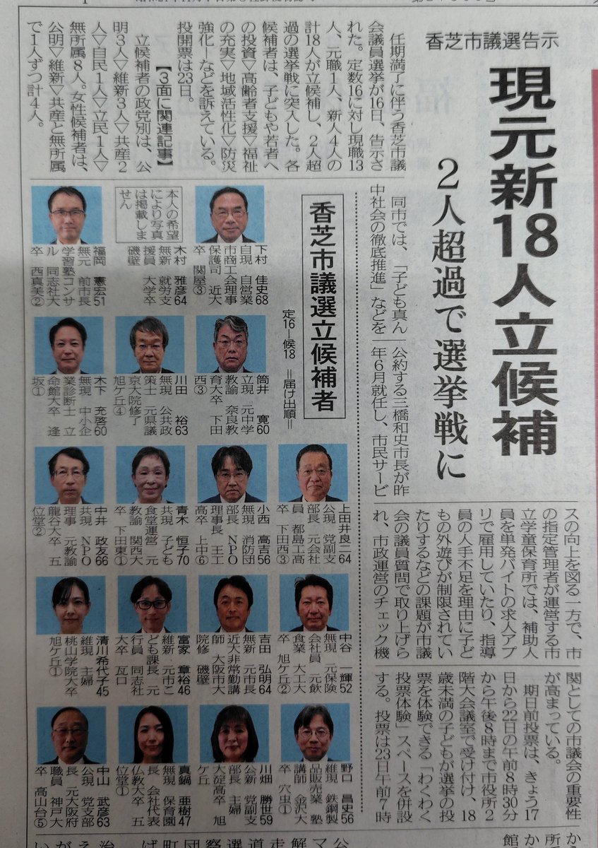 uda365's tweet photo. 奈良県 香芝市議会選挙、18人立候補で2人超過
 #香芝市
 #香芝市議会議員選挙
 #選挙 https://t.co/5vPgXorqrw