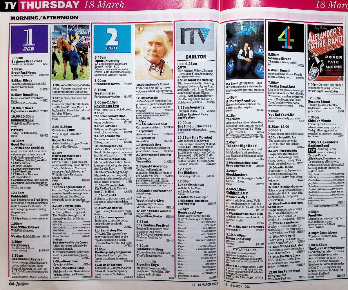 TvDidYouSee's tweet image. #OnThisDay 18 March 1993 📺TV Listings
#GaryWebster stars with #GeorgeCole in MINDER.
Michelle's emotions are put to the test in #EastEnders.
#DawnFrench and #JenniferSaudners pay tribute to Sigourney Weaver in FRENCH AND SAUNDERS.
#NeilKinnock guests in DROP THE DEAD DONKEY.