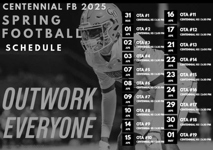 <a href="/LVCen10Football/">LVCen10Football</a> OTAs Schedule! 

Outwork Everyone is the Motto! 

#QuestFor3 #SISU