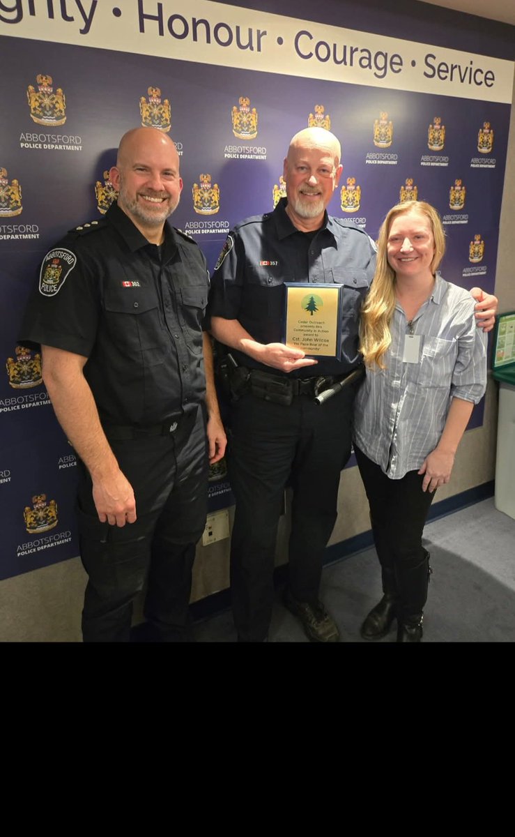 This past week, at their Annual General Meeting (AGM), Cedar Outreach honored AbbyPD's Constable John Wilcox with their Community in Action award.

John is the first recipient of this award from Cedar. He has been a steadfast supporter of CEDAR since its inception, as well as a