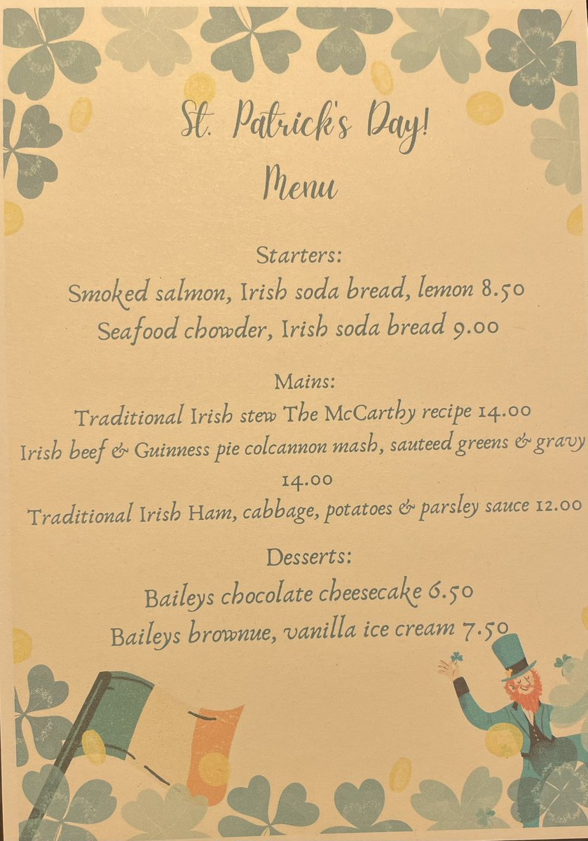 GreyhoundH's tweet photo. Join us tomorrow for St Patrick’s Day ☘️ 

Brilliant selection off our Irish menu 🇮🇪

Irish dancers from 6pm 👯‍♀️

Lots of Guinness, Baileys and Jameson 🥃

@youngspubs @youngspubspeople #Guinness #baileys #jamesons #stpatricksday https://t.co/e6WmcEuNGB