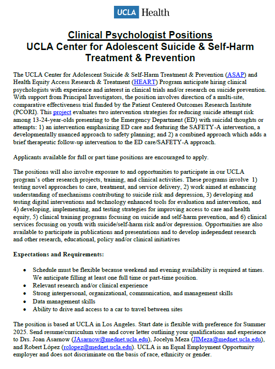 Hi SSI SIG! Check out the attached job ad for a suicide related clinical psychologist position!
