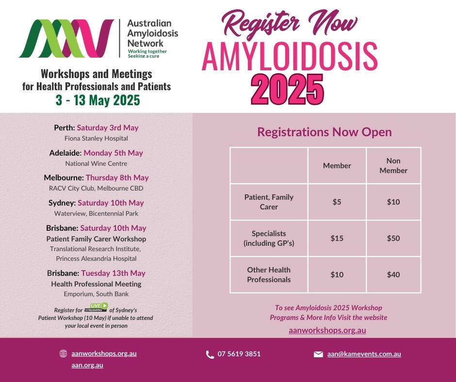 Excited for the upcoming <a href="/OzAmyloidosis/">Australian Amyloidosis Network</a>  #Amyloidosis2025 workshops and dinner meetings with international speakers A/Prof <a href="/CJWhelan18/">Carol Whelan</a> , Prof Efstathios Kastritis and Prof Yoshiki Sekijima 
Registration and program: aanworkshops.org.au