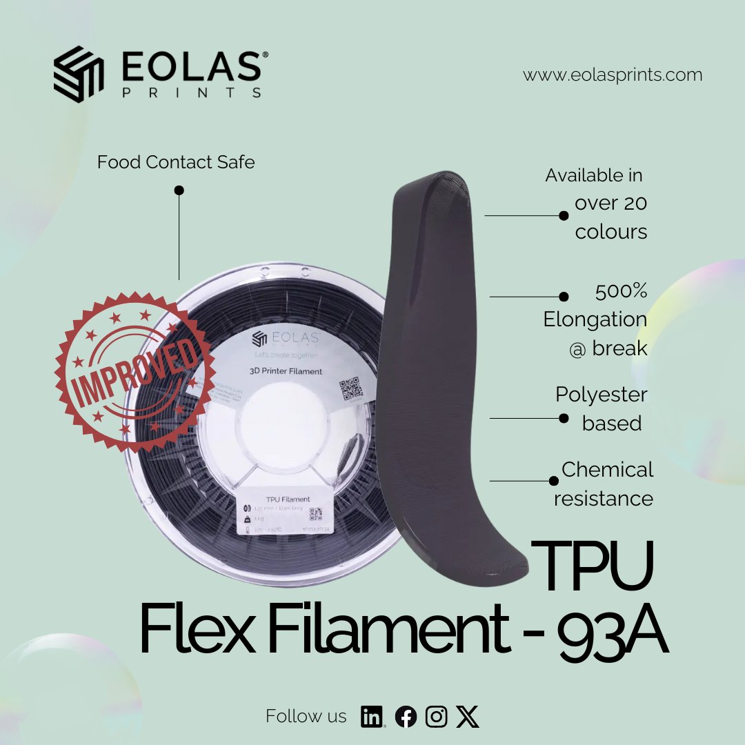 NEW TPU FLEX 93A - NOW IN 20+ COLORS! 🌈

Introducing our improved TPU Flex 93A filament - now easier to print than ever and available in a stunning range of over 20 colours! 🖨️✨

➡️ Print faster: Up to 40% quicker than standard TPU ➡️ Frustration-free: Reduced stringing and