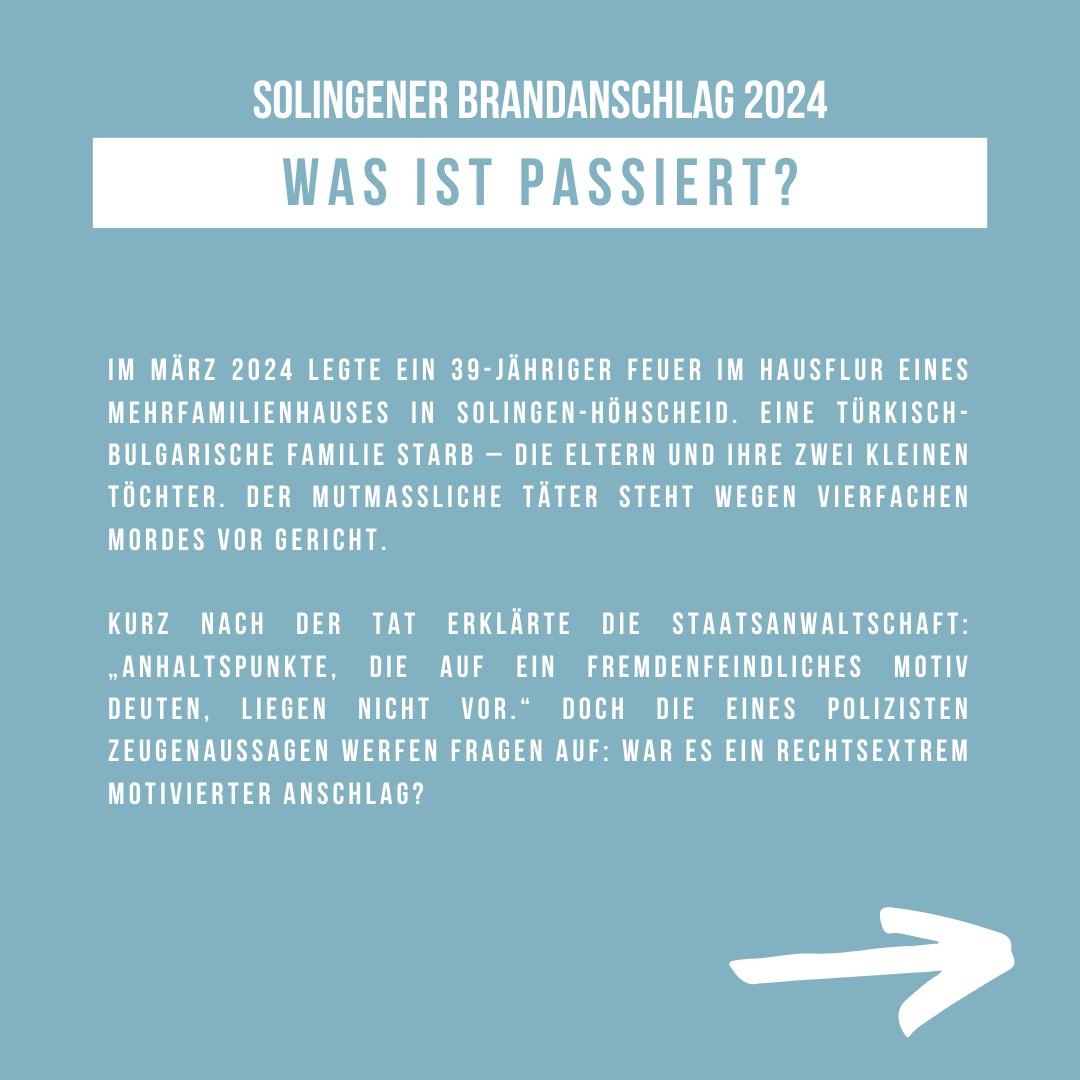 Zum Solinger Brandanschlag vom 25. März 2024 in der Grünewalder Straße 69 mit vier Toten, finden zwei Gedenkveranstaltungen statt <a href="/SedaBasay/">Seda Başay-Yıldız</a> <a href="/aktuelle_stunde/">WDR Aktuelle Stunde</a> <a href="/tazgezwitscher/">taz</a> <a href="/Nalan1Yolak/">Nalan Yolak</a> <a href="/Nazisweg/">Kein Platz für Nazis</a> <a href="/MiGAZIN/">MiGAZIN</a> <a href="/AmadeuAntonio/">Amadeu Antonio Stiftung</a> <a href="/SGTageblatt/">Solinger Tageblatt</a> <a href="/dw_turkce/">DW Türkçe</a> <a href="/FatihZingal/">Fatih Zingal</a>