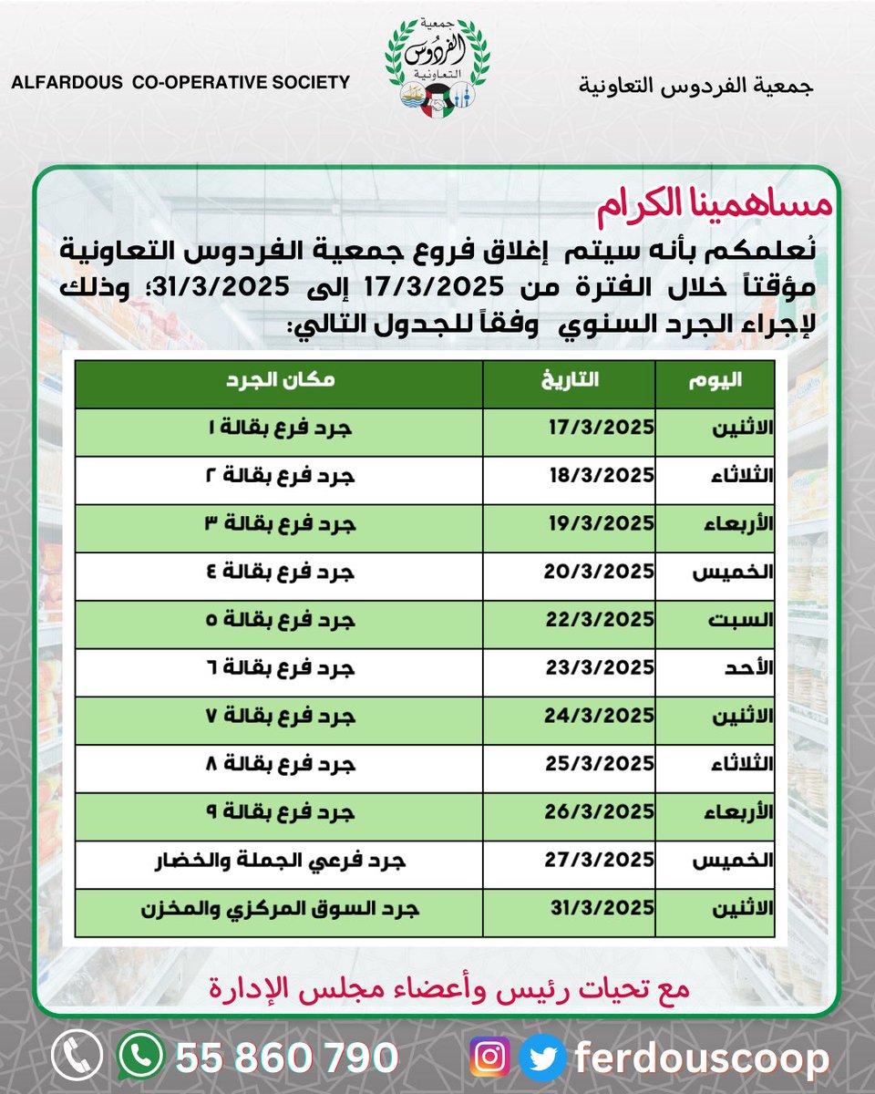 مساهمينا الكرام 

نُعلمكم بأنه سيتم  إغلاق فروع جمعية الفردوس التعاونية مؤقتاً 
خلال الفترة من 17/3/2025 إلى 31/3/2025؛ 

وذلك لإجراء الجرد السنوي  في السوق المركزي والفروع 
وفقاً للجدول التالي: