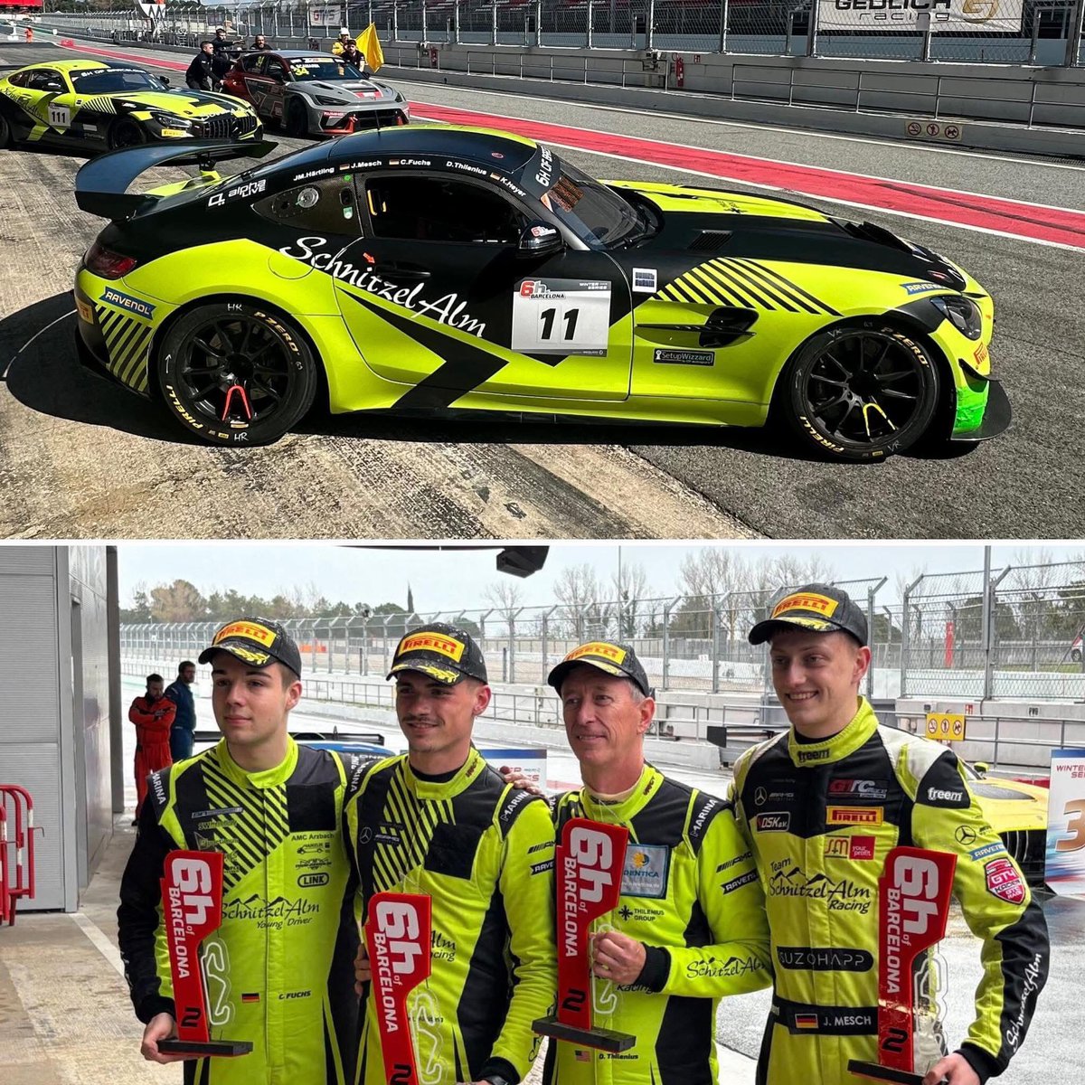 What a day at Circuit de Barcelona-Catalunya!  After a fueling issue in the first hour put us many laps down, the SchnitzelAlm Racing team utilized a brilliantly timed stop for <a href="/Pirelli/">Pirelli</a> rain tires to snatch 2nd place in the dying minutes.  Feels like a win!