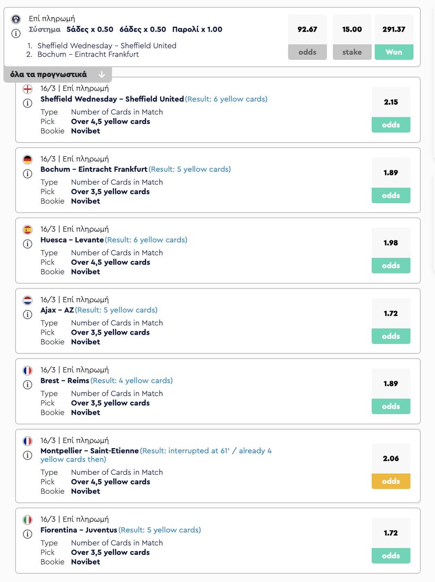 💪 Τεράστια νίκη για όλους τους συνδρομητές του καναλιού μου στο Telegram με 6 ✅ κερδισμένα και 1 🔄 επιστροφή σε σύστημα 5/6/7 🟨 καρτών.

💰 Τα καθαρά κέρδη του συστήματος στις + 291,37 μονάδες, αλλά και μια μεγάλη πίκρα γιατί το ματς 🇫🇷 Μονπελιέ - Σεντ Ετιέν που διακόπηκε στο