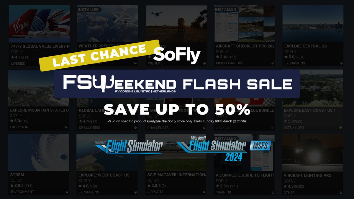soflysim's tweet image. 🚨🚨 LAST CHANCE TO SAVE 🚨🚨

Our #fsweekend flash 𝘀𝗮𝗹𝗲 is ending later today!

Get some amazing flight sim goodies before they go back to full price tomorrow.

Go here to save up to 50%: sofly.io