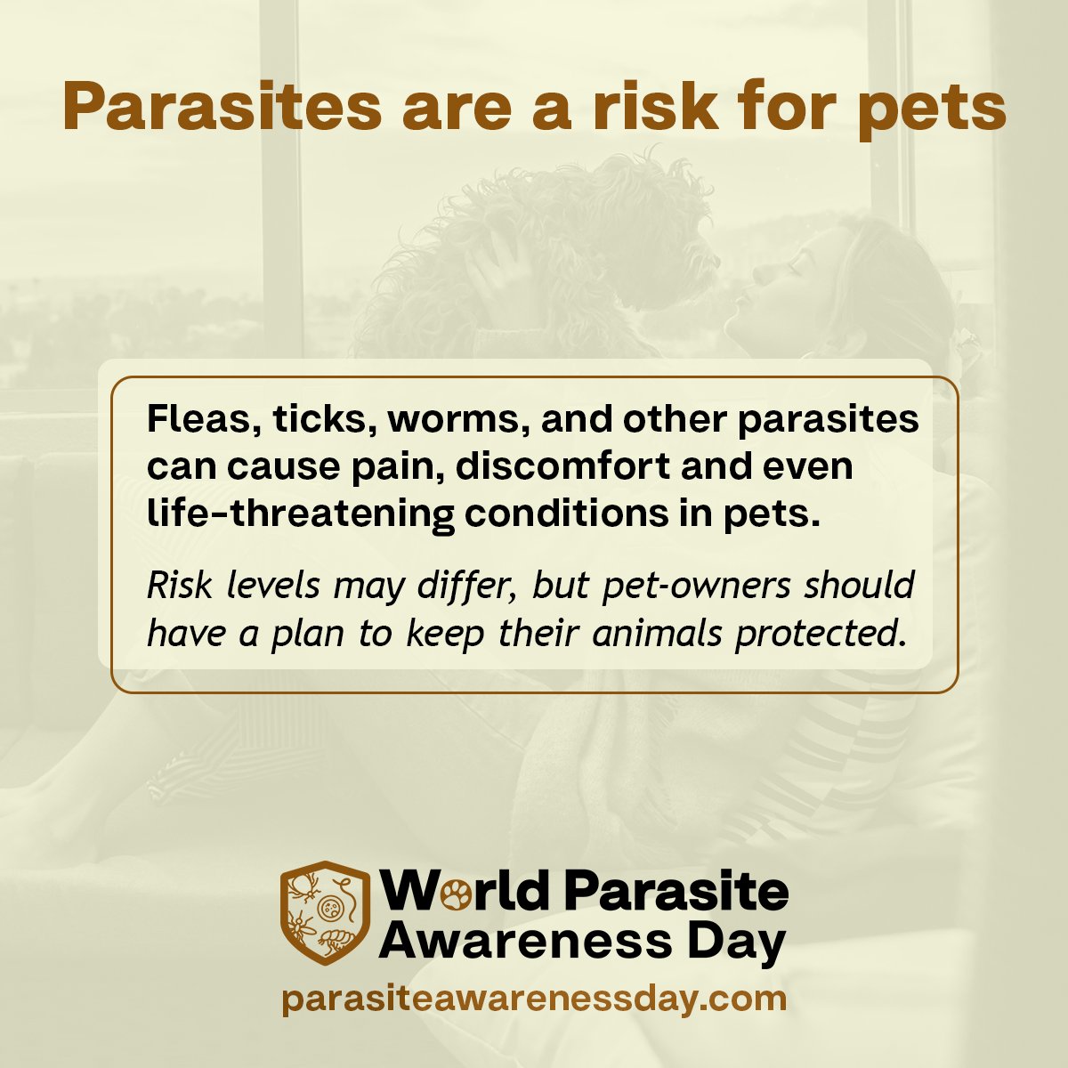 📅 4 Days until World #ParasiteAwarenessDay!

Did you know? Even indoor pets can be affected by parasites. 

Ticks can enter your home on clothing or other pets. Mosquitoes, which spread heartworm, can fly inside. 

Speak with a veterinarian to understand if your pet is at risk