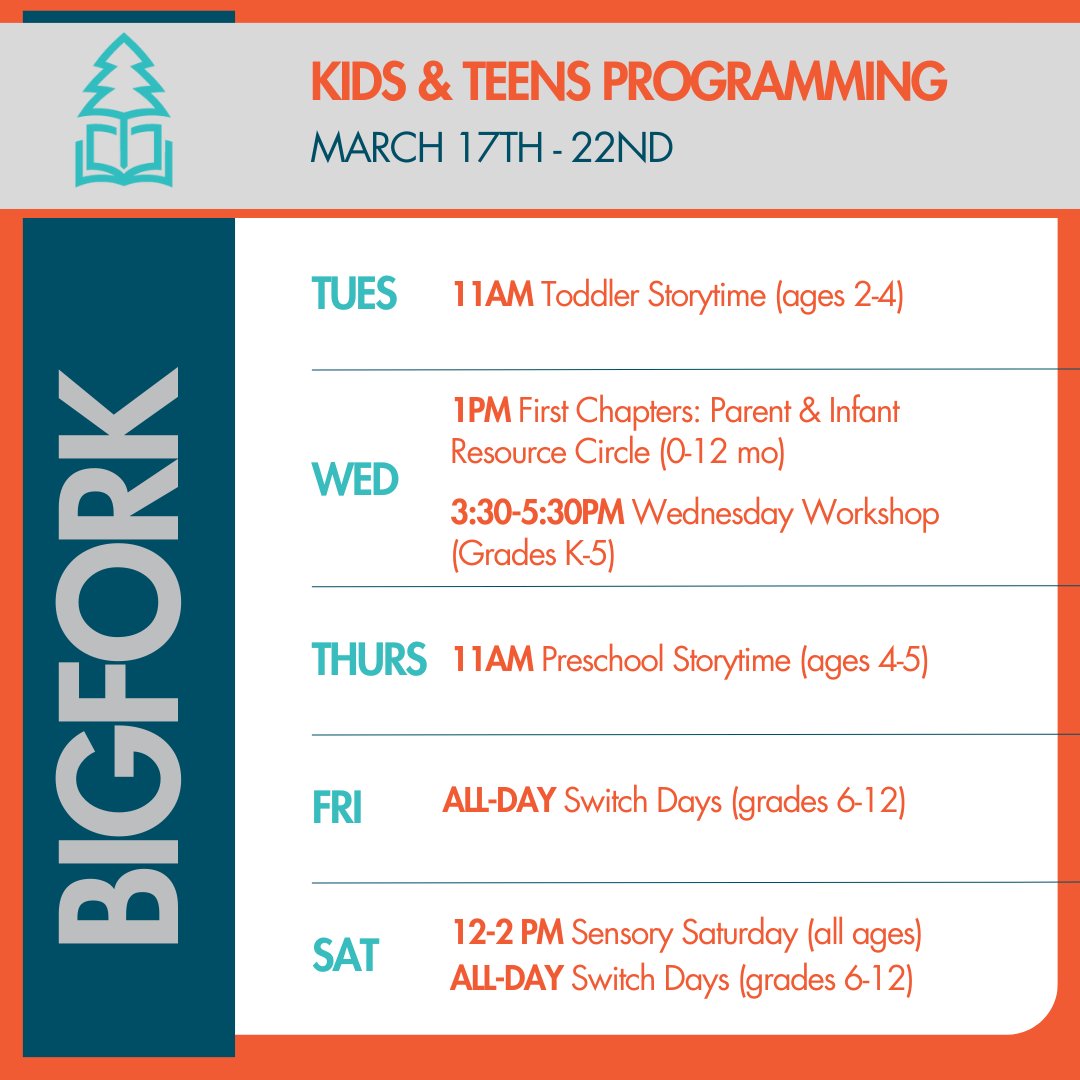 Here are this weeks programs for Kids &amp; Teens! Join us for Storytimes, Switch Days and more at all three Flathead County Library locations.